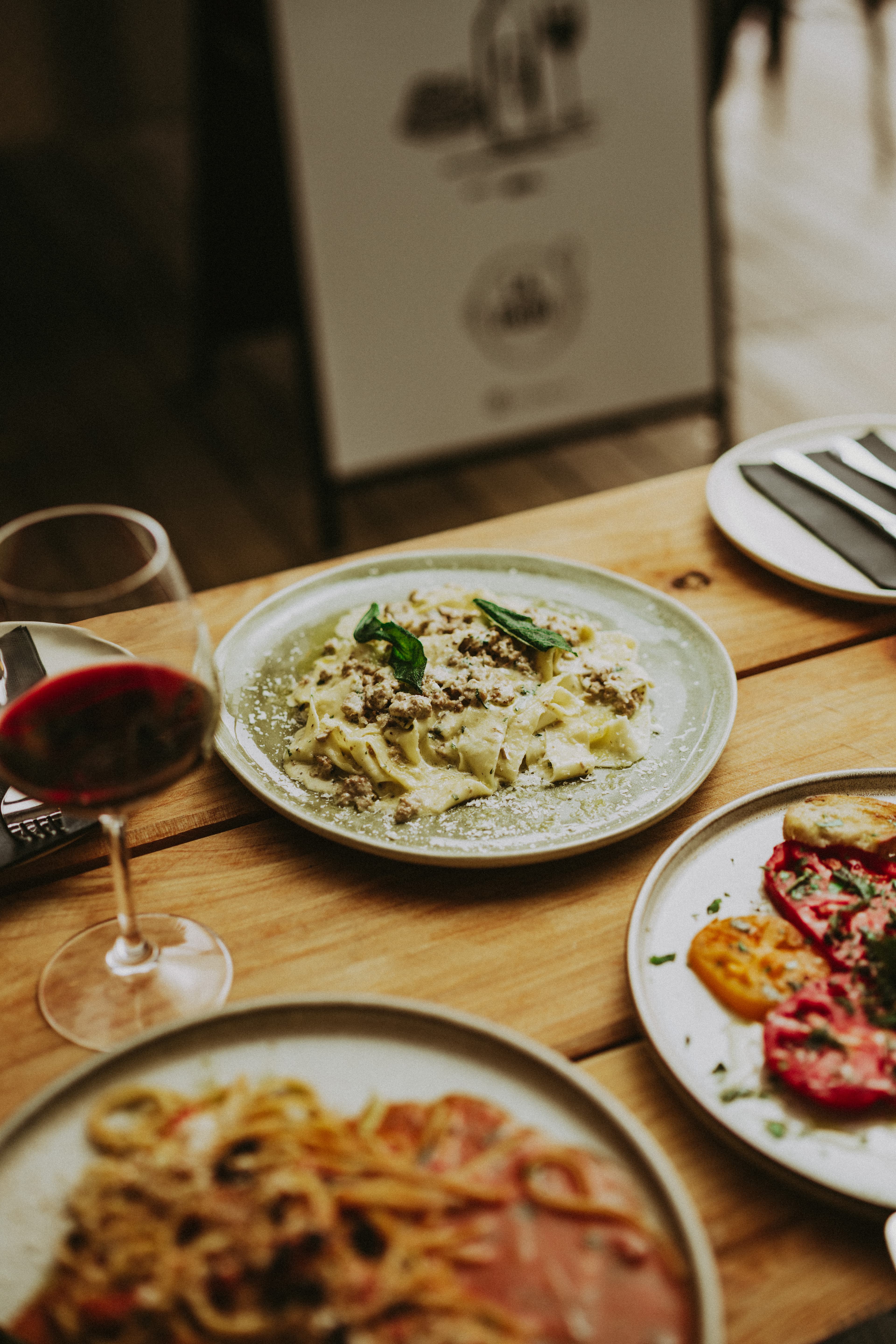 Pasta dish with wine close-up