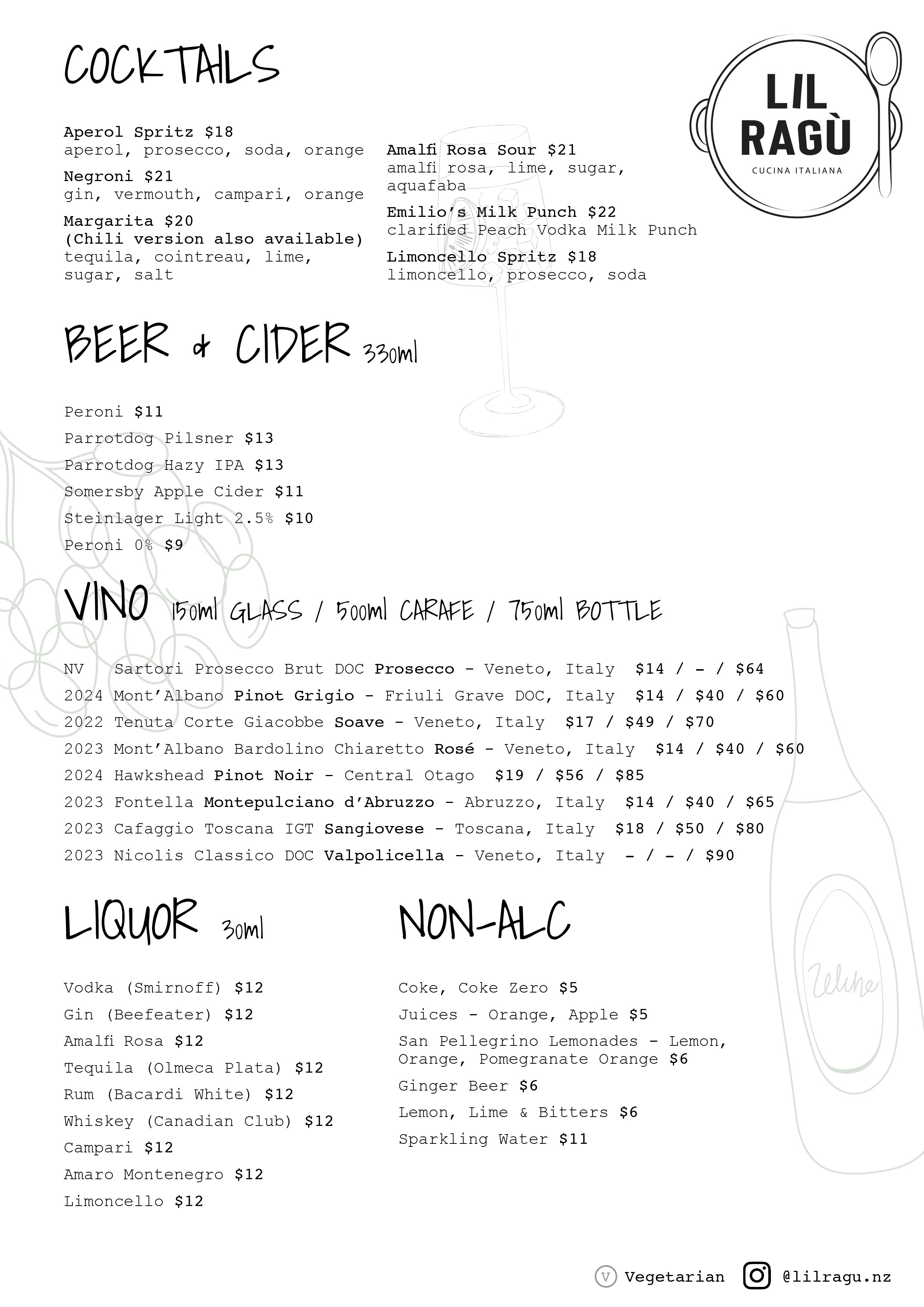 Lil Ragú Drinks Menu - Cocktails, Beer & Cider, Vino, Liquor, Non-Alcoholic