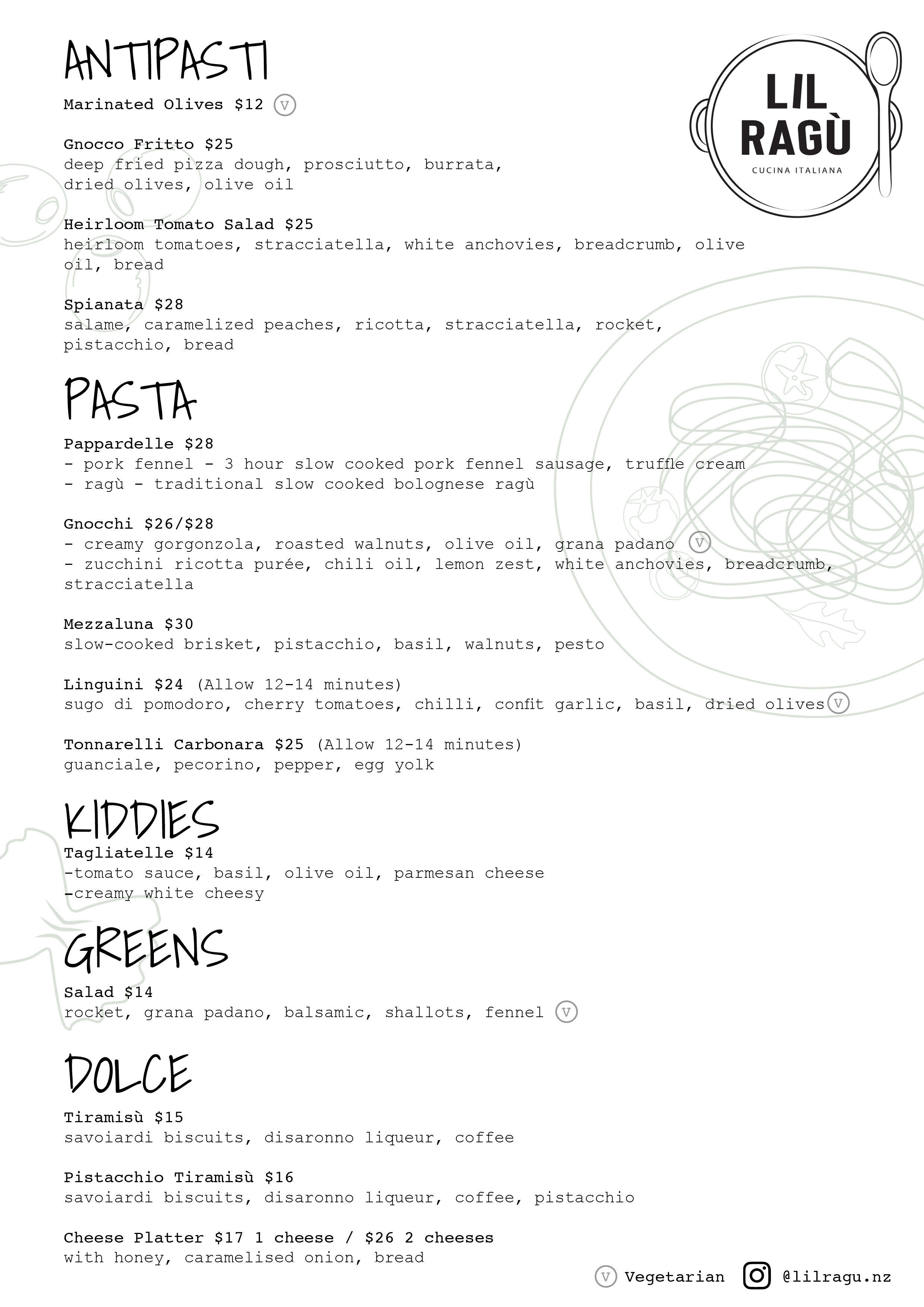 Lil Ragú Food Menu - Antipasti, Pasta, Kiddies, Greens, Dolce